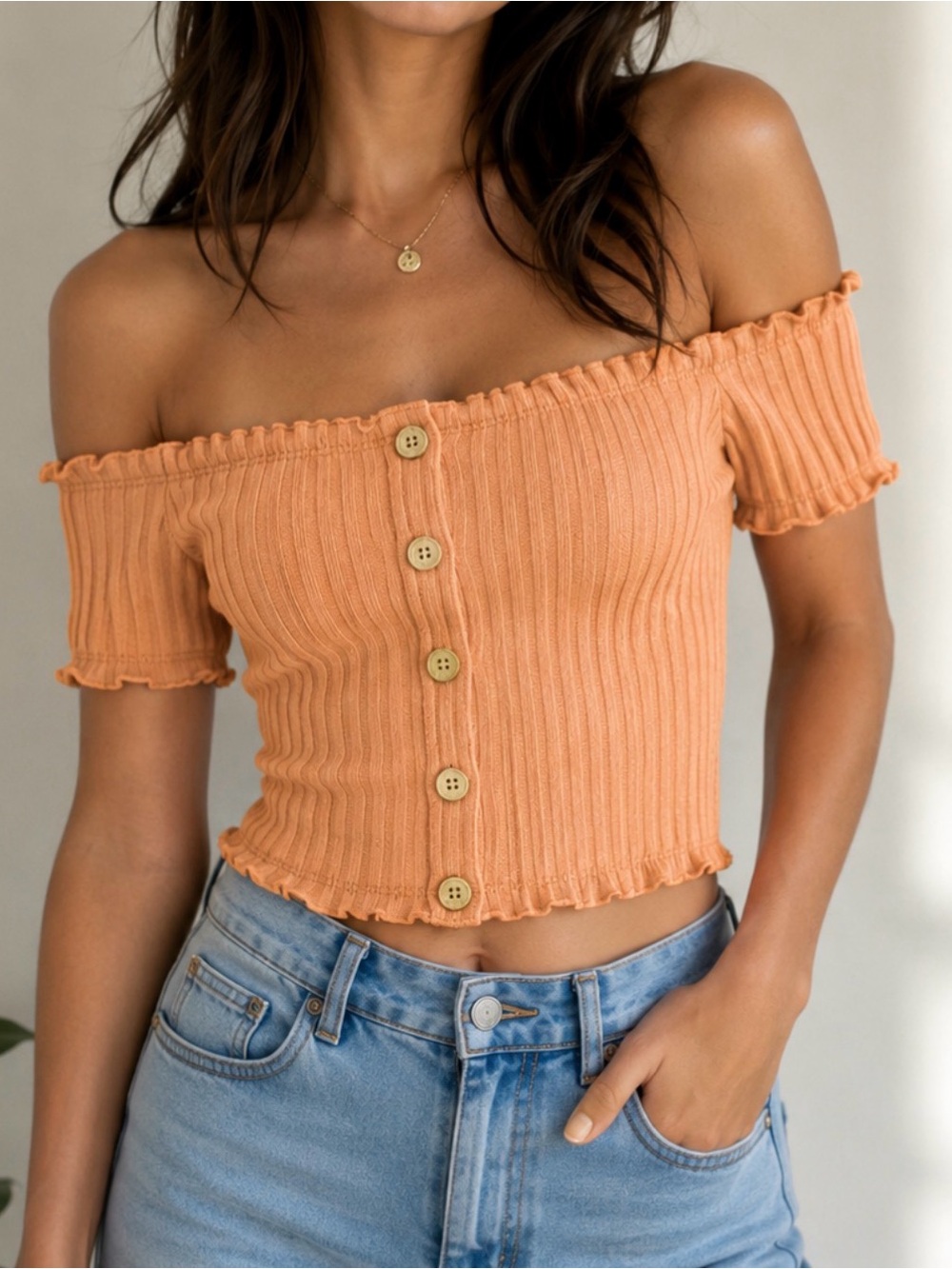 Rust Off-Shoulder Button-Down Top